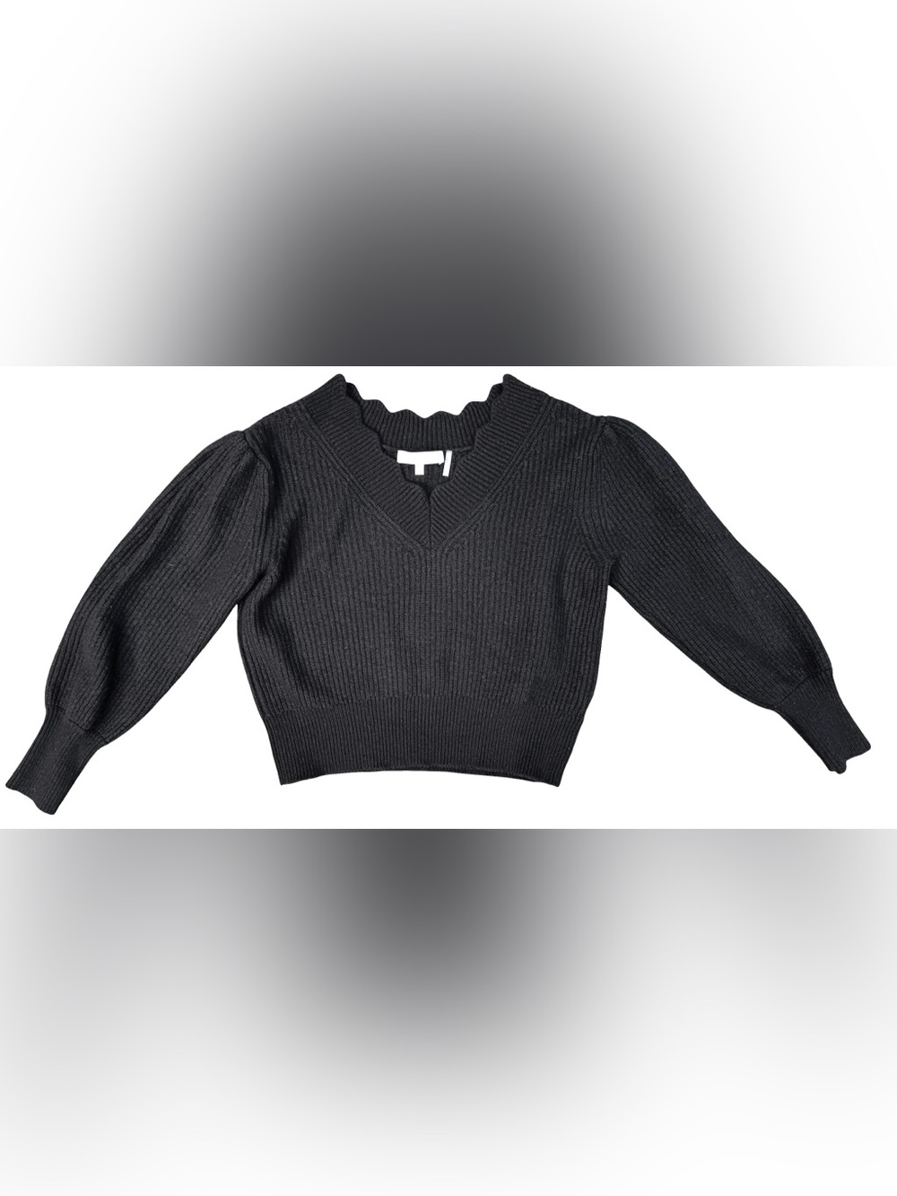 LoveShackFancy Black Scalloped V-Neck Puff Sleeve Sweater - S